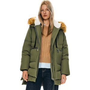 Women's Green Faux Fur Trim Clothing Down Vest Jacket Warm Fleece Lined Hood